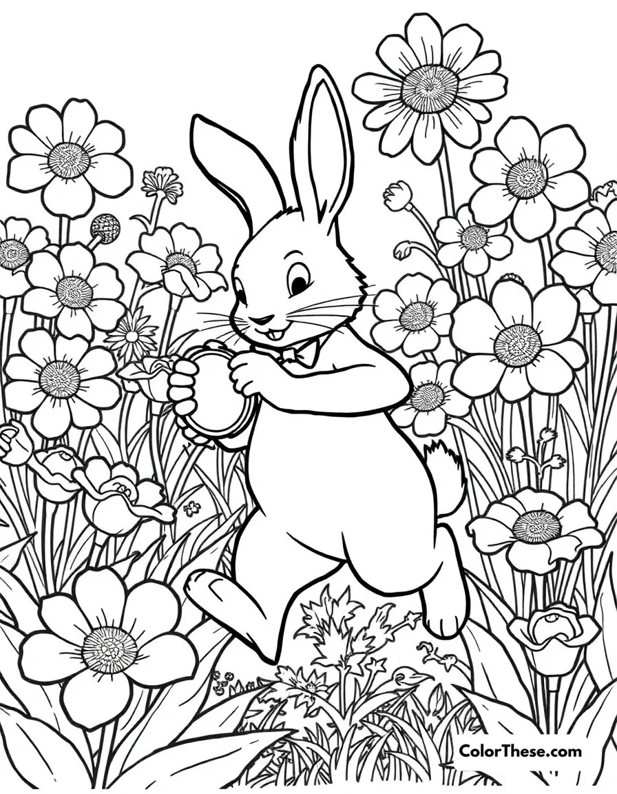 Free printable white rabbit's clock coloring page for kids and adults. The White Rabbit checking his pocket watch, rushing through a garden of oversized flowers.