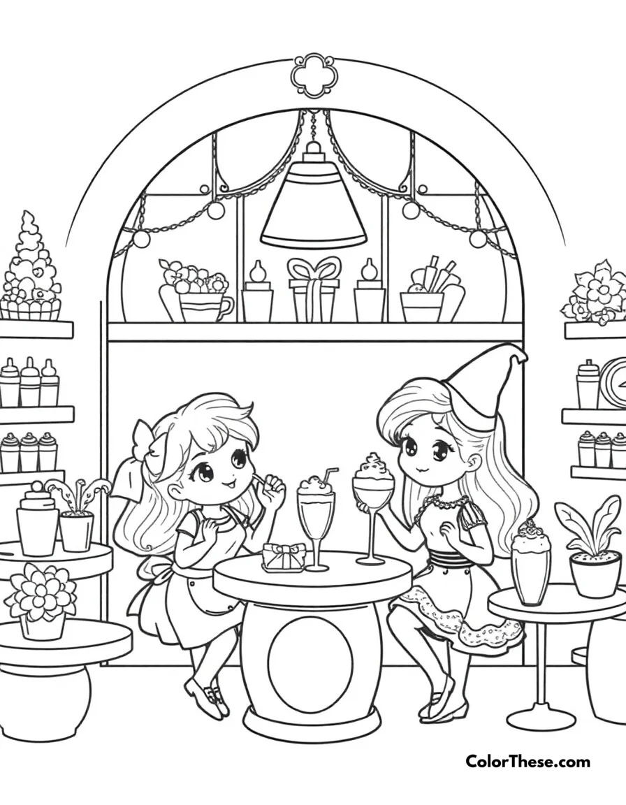 Free printable cute cafe scene coloring page for kids and adults. Adorable characters working in a magical cafe with fancy desserts and drinks.