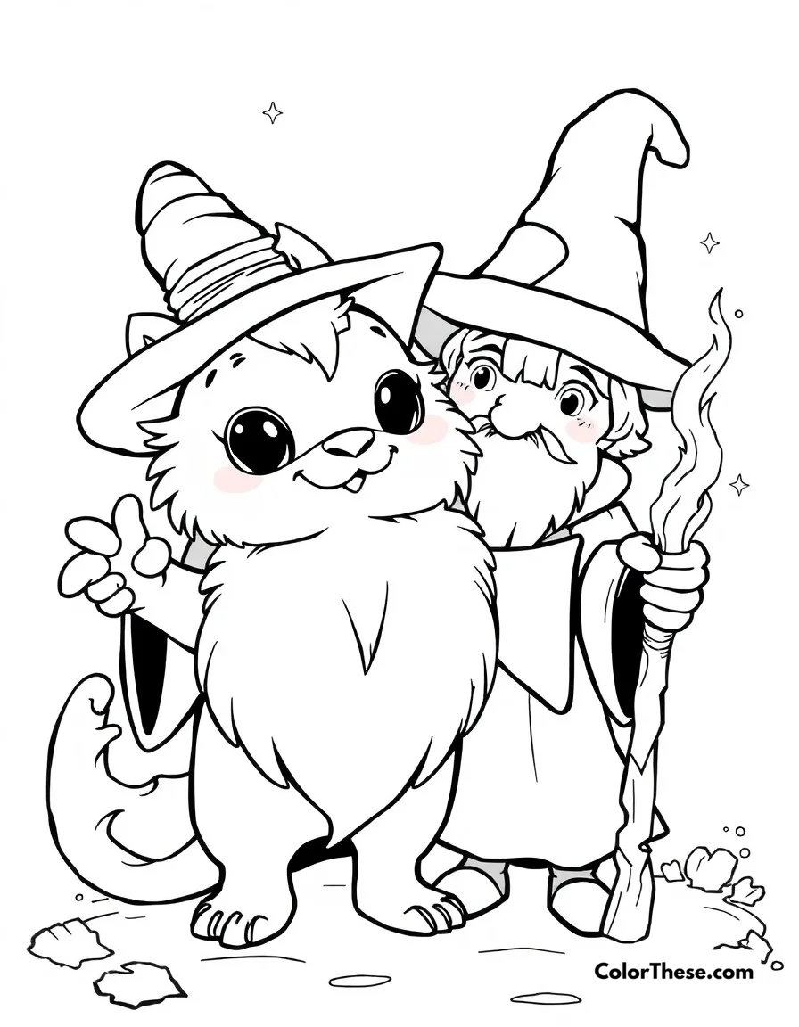 Free printable magical familiar coloring page for kids and adults. Cute magical creature companion with its wizard friend casting spells.