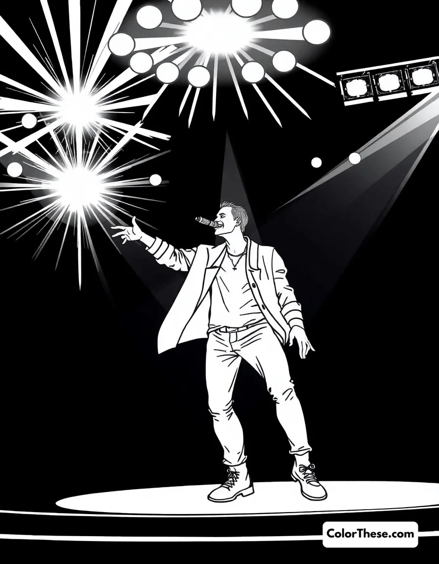 Free printable idol performance coloring page for kids and adults. Energetic idol performer on stage with spectacular lighting and effects.