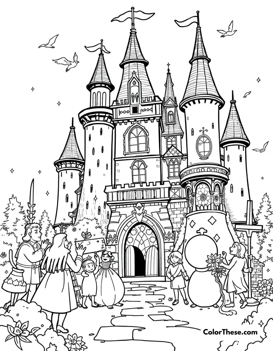 Free printable castle celebration coloring page. The entire castle celebrating as all the enchanted objects return to human form.