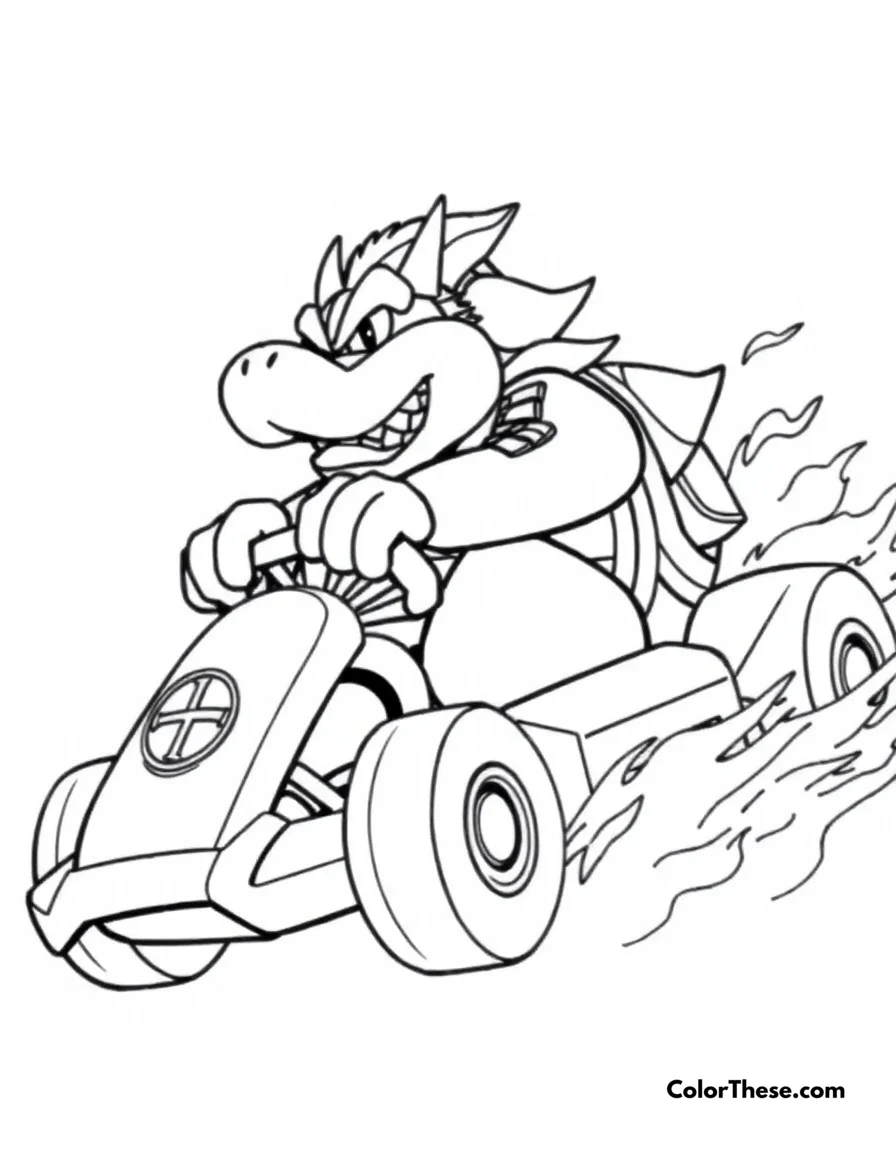 Free printable bowser's kart race coloring page for kids and adults. Bowser racing in his intimidating kart, leaving flames in his wake.