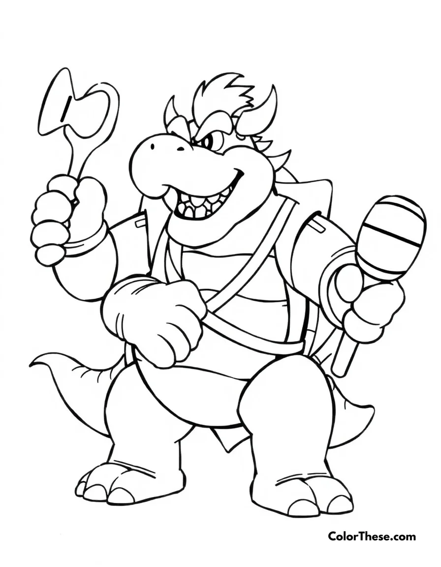 Free printable bowser's sports day coloring page for kids and adults. Bowser participating in various Mario sports activities, showing his competitive spirit.
