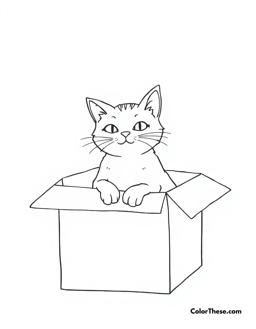 Free printable cat box sitting coloring page for kids and adults. A cat making itself comfortable in a cardboard box, as cats love to do.