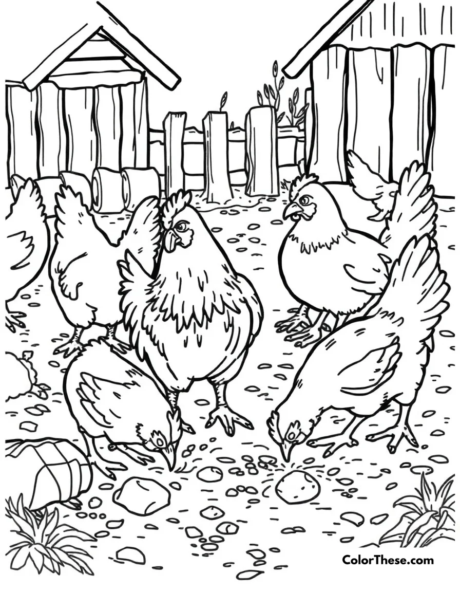 Free printable chicken farm scene coloring page for kids and adults. A busy farmyard scene with chickens pecking and scratching in the dirt.