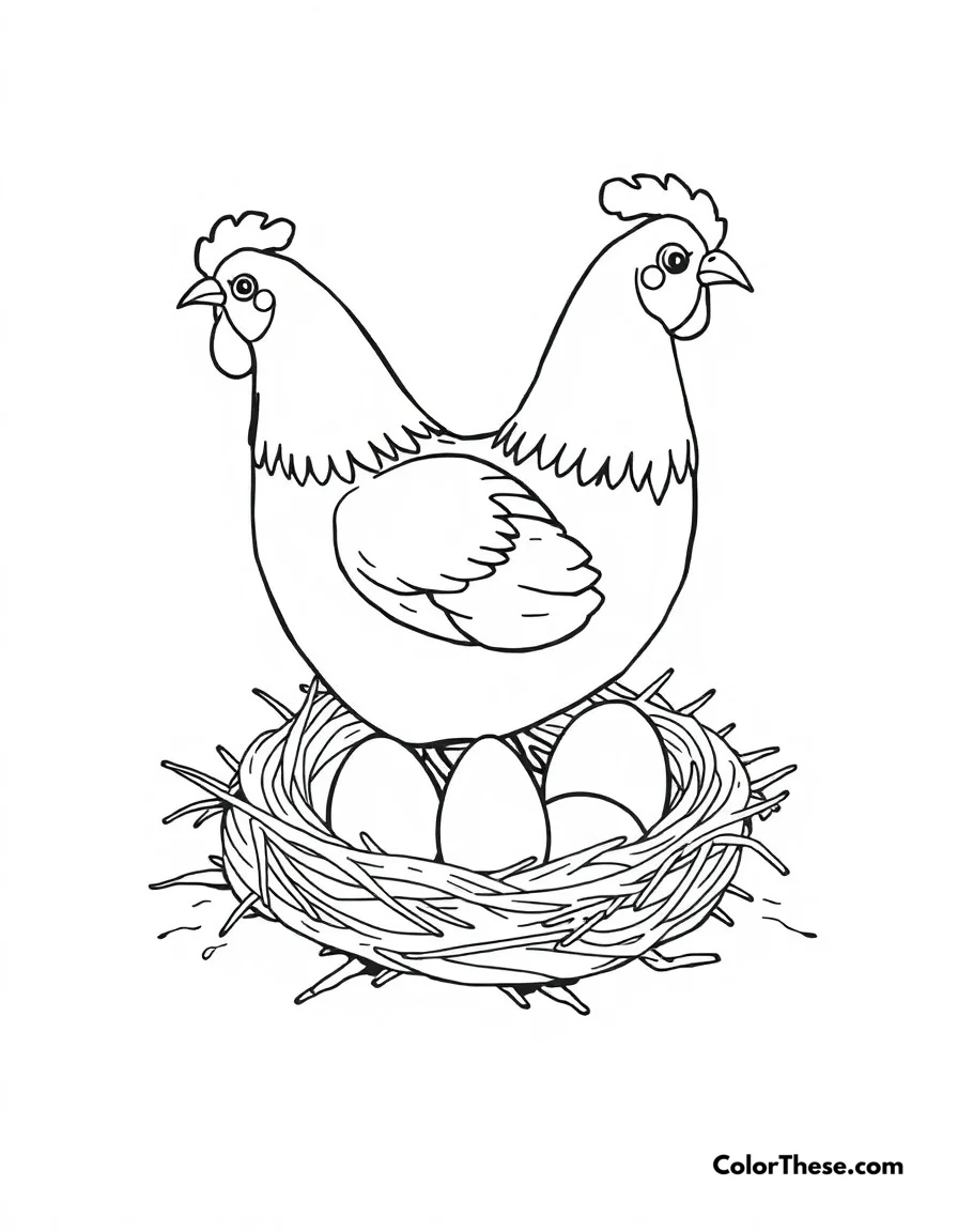 Free printable chicken nesting time coloring page for kids and adults. A hen sitting on her nest, carefully tending to her eggs.