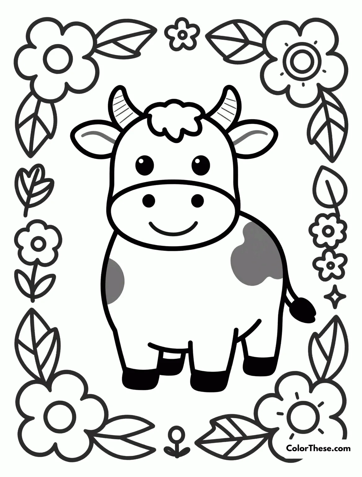 Free printable cow and floral border coloring page for kids and adults. Download a free Cow and Floral Border coloring page featuring a gentle cow and detailed floral frame. Perfect for all ages to print, color, and enjoy!