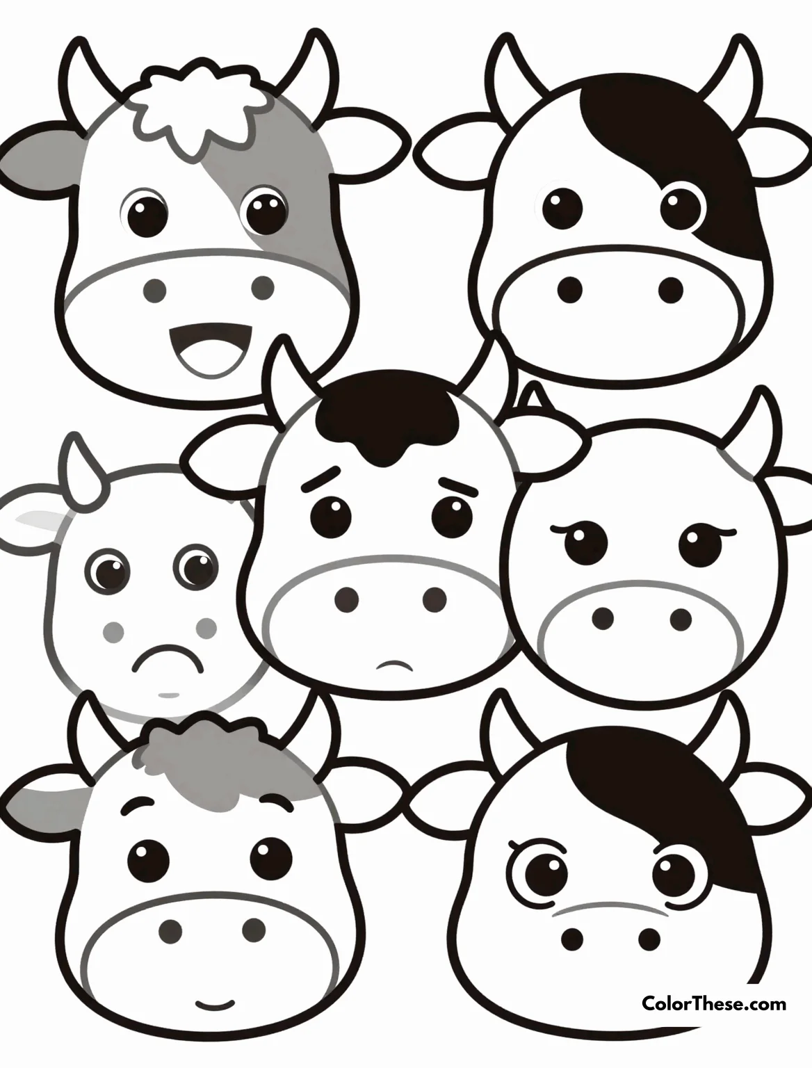 Free printable cow faces with different expressions coloring page for kids and adults. Download the Cow Faces with Different Expressions coloring page! Enjoy a free printable PDF perfect for kids to explore fun cow emotions and get creative.