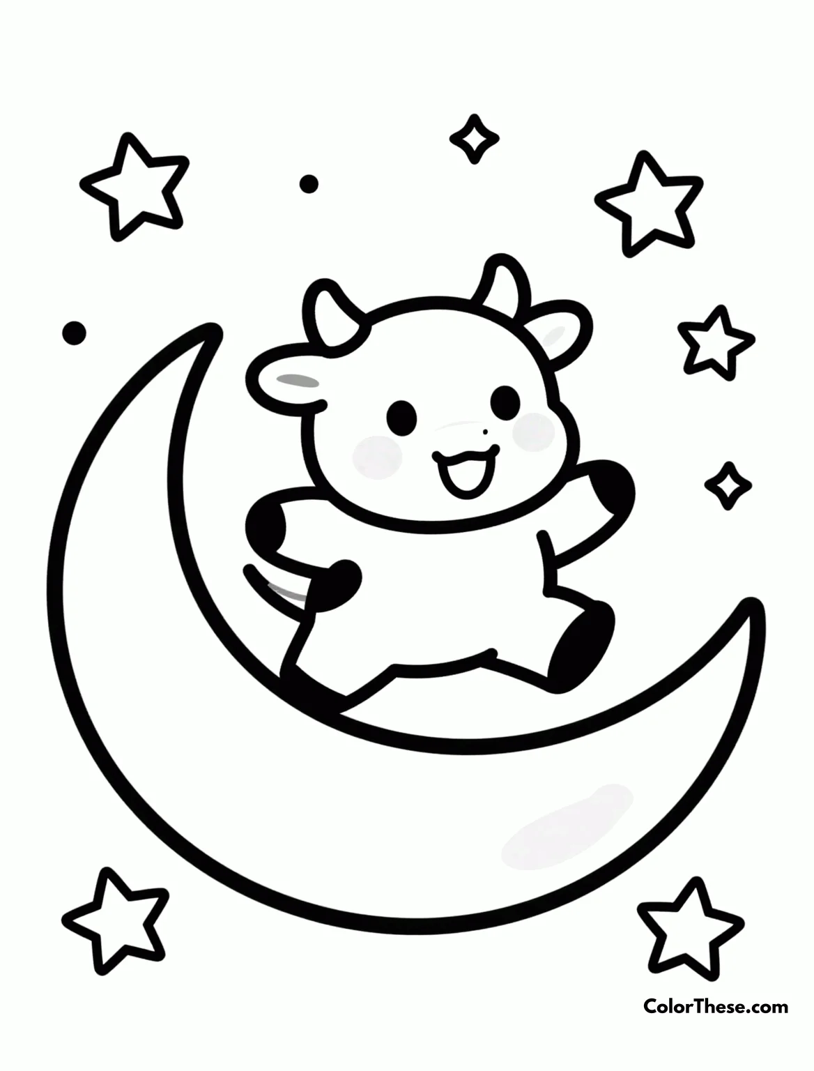 Free printable cow jumping over the moon coloring page for kids and adults. Download a free Cow Jumping Over the Moon coloring page! Perfect for kids, this printable PDF features a joyful cow, smiling moon, and magical night sky.