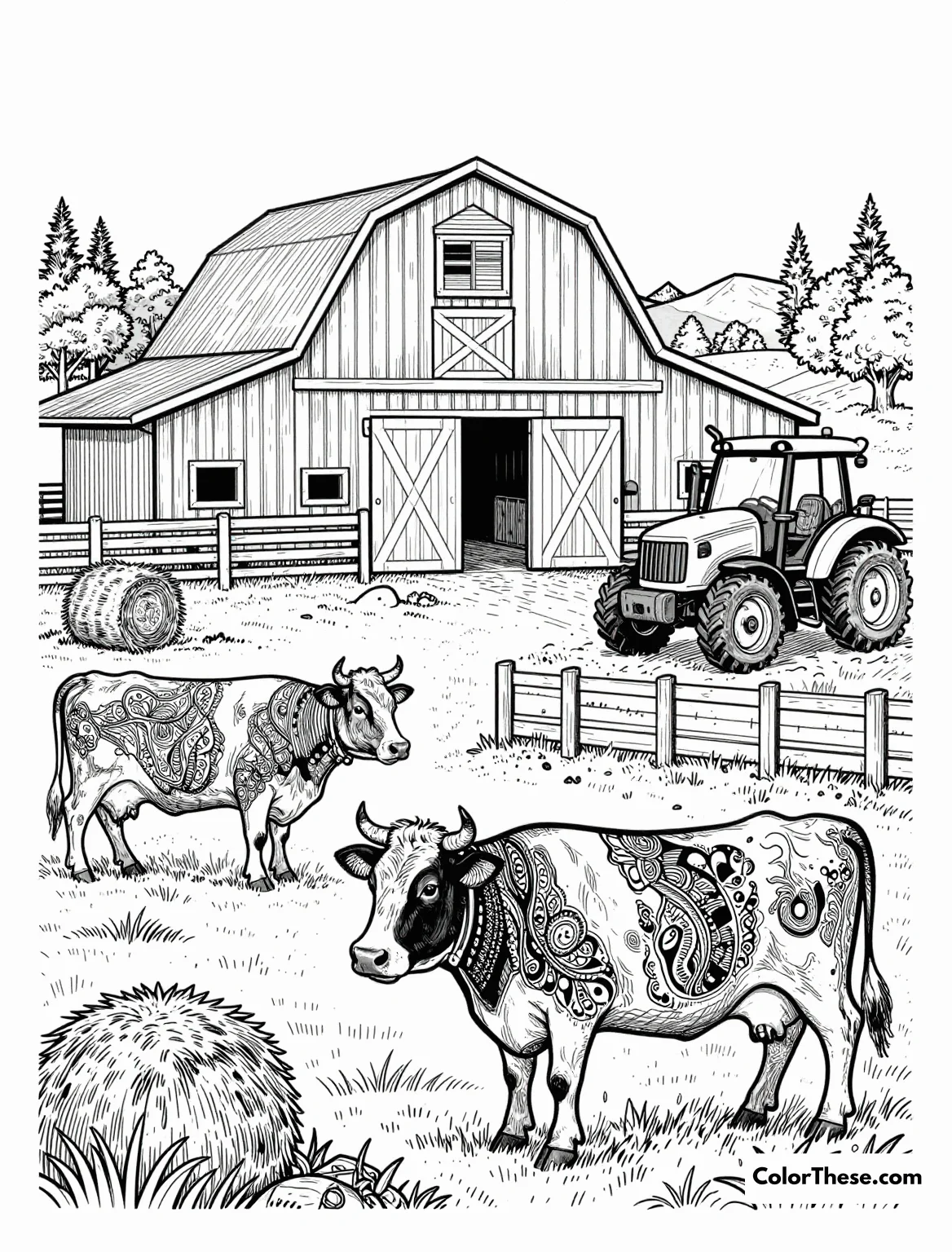 Free printable detailed farm scene with cows coloring page for kids and adults. Download and print a free Detailed Farm Scene with Cows coloring page—perfect for all ages! Enjoy intricate cows, barns, and fields ready for your creativity.