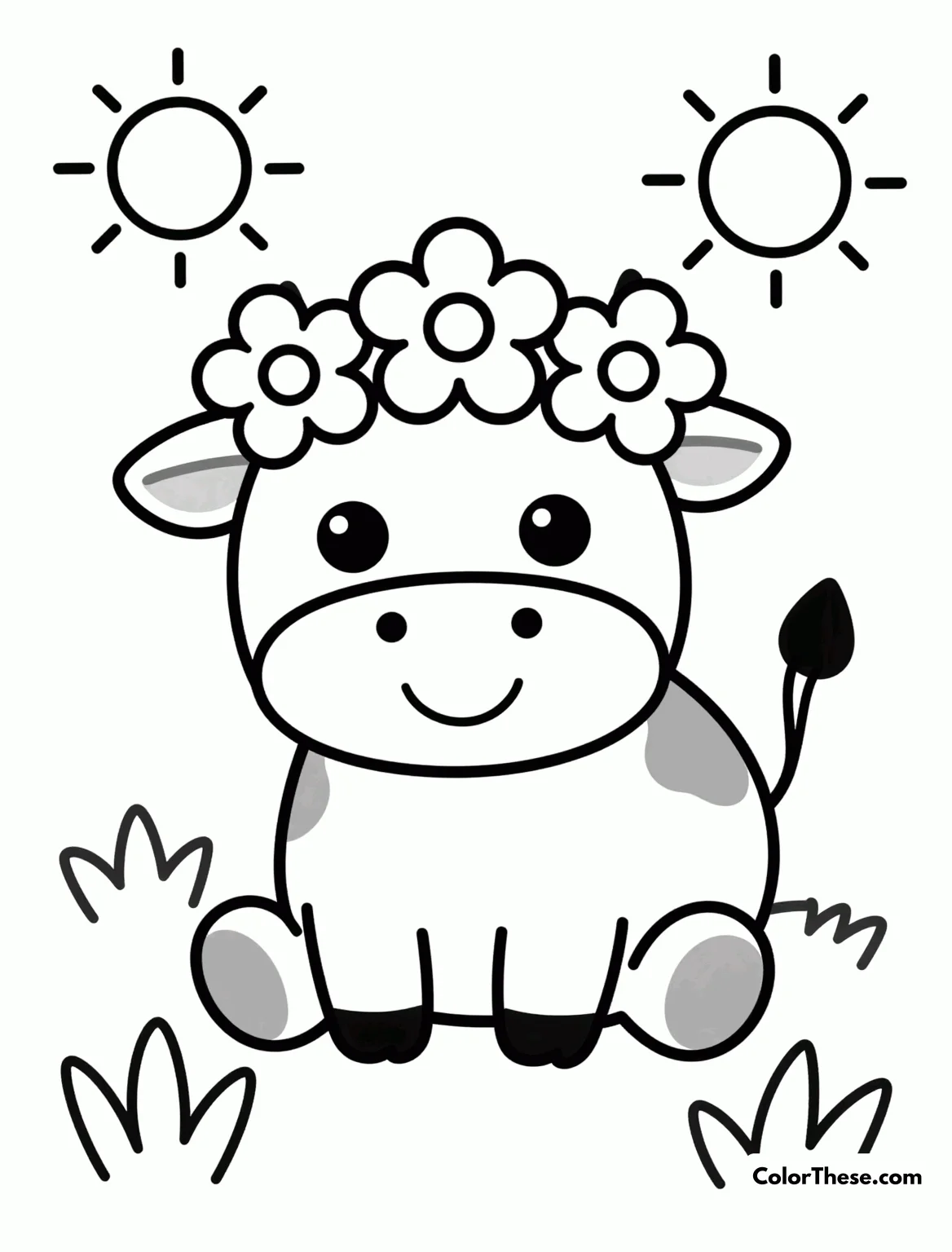 Free printable happy cow with a flower crown coloring page for kids and adults. Download the Happy Cow with a Flower Crown coloring page—free printable PDF for kids! Enjoy coloring a cheerful cow with a fun, easy-to-color flower crown.