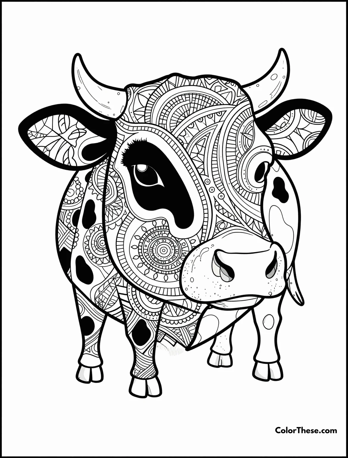 Free printable intricate cow spots design coloring page for kids and adults. Discover the Intricate Cow Spots Design coloring page: a free printable PDF with detailed patterns, perfect for adults seeking mindful, creative relaxation.