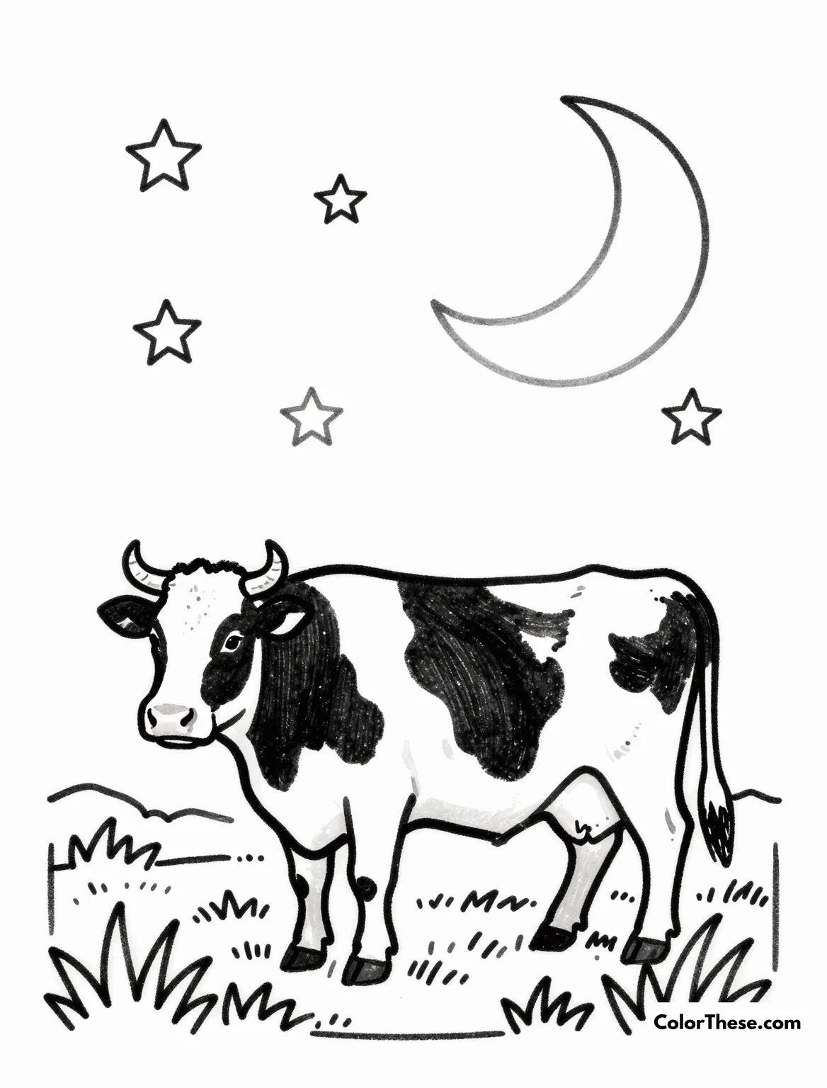 Free printable cows under a starry night coloring page for kids and adults. Download the Cows Under a Starry Night coloring page – a free printable PDF for all ages! Enjoy coloring peaceful cows and a sparkling night sky together.