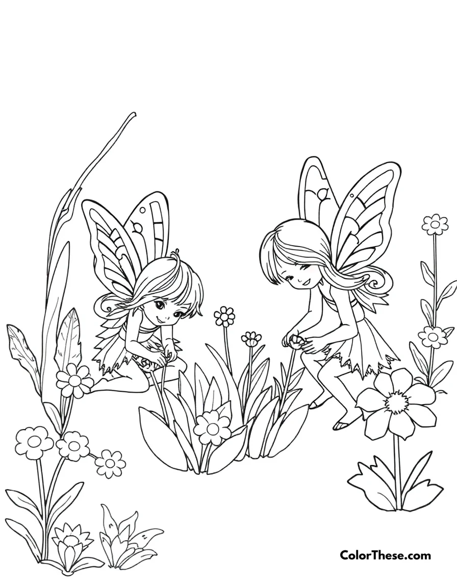 Free printable fairy garden coloring page. Tiny fairy friends tending to their magical garden.