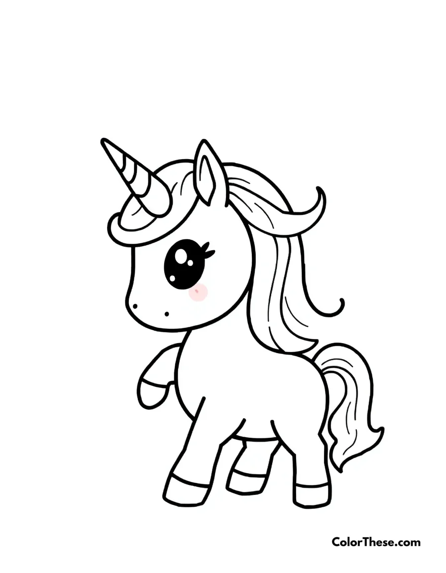 Free printable kawaii unicorn coloring page. An adorable unicorn with rainbow mane and sparkly eyes.