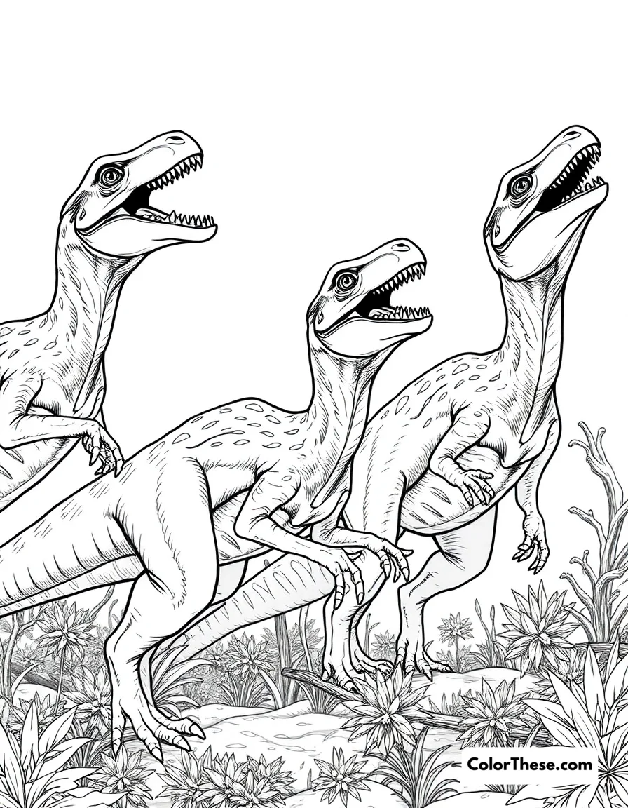 Free printable pack hunting deinonychus coloring page for kids and adults. A group of Deinonychus showing their pack hunting behavior.