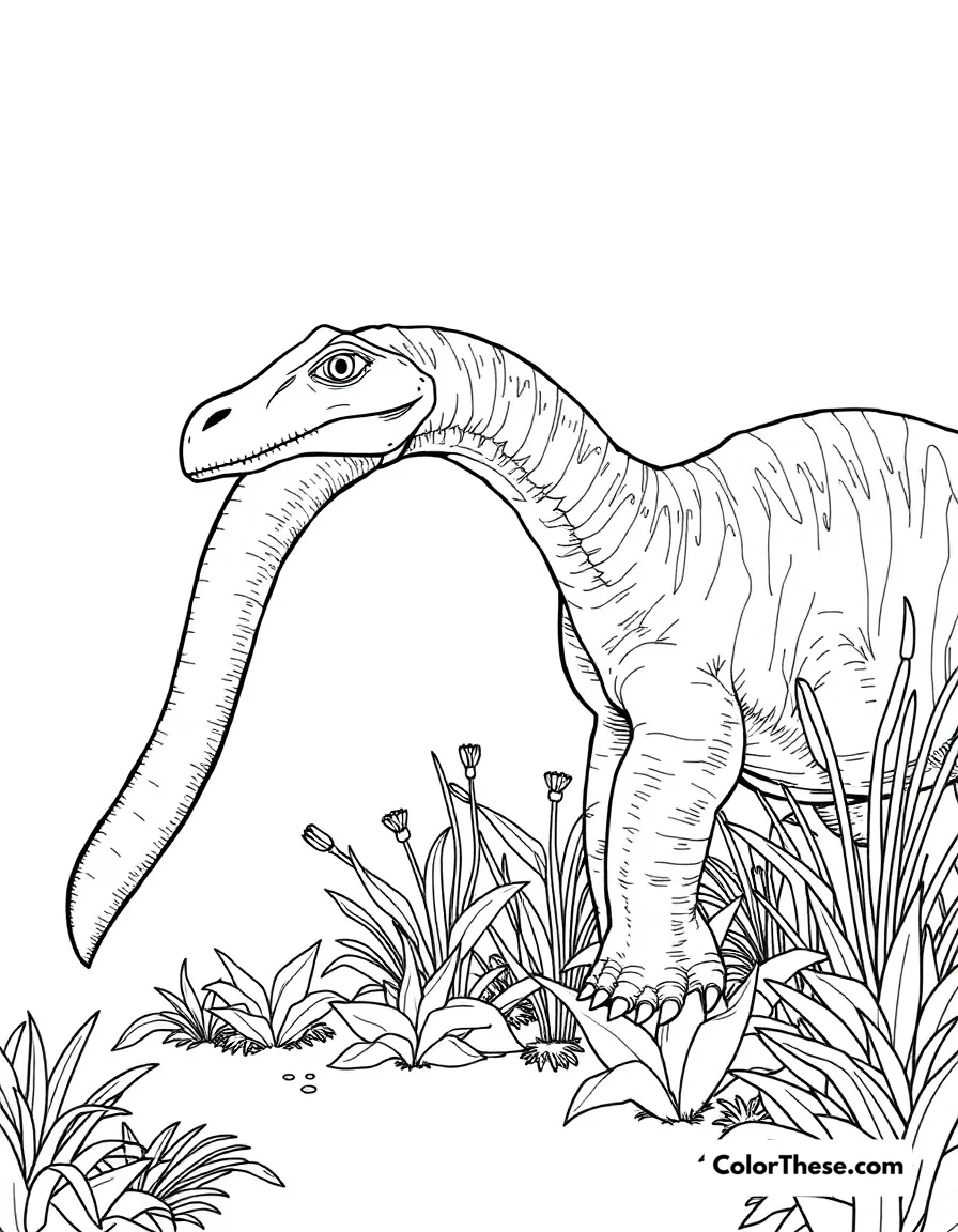 Free printable plated diplodocus coloring page for kids and adults. A long-necked Diplodocus grazing on prehistoric plants.