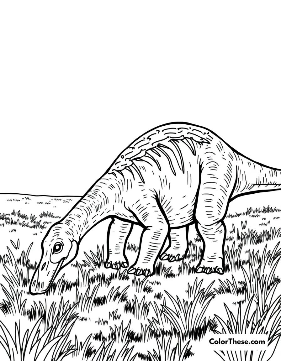 Free printable plated edmontosaurus coloring page for kids and adults. A duck-billed Edmontosaurus grazing in a prehistoric field.