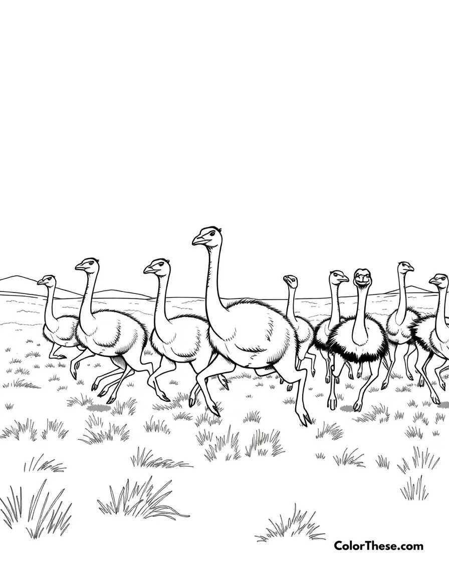 Free printable swift gallimimus coloring page for kids and adults. A herd of swift Gallimimus running across the plains.