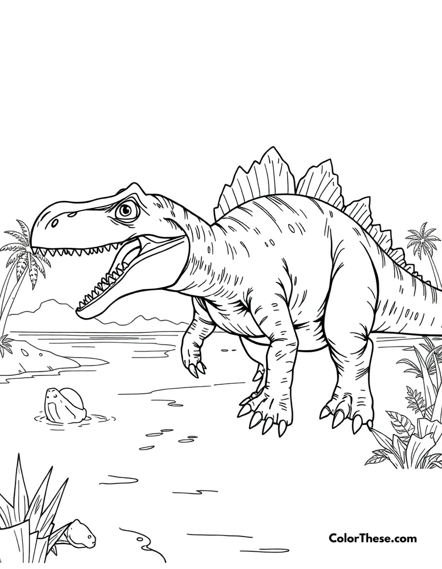Free printable spiny spinosaurus coloring page for kids and adults. A massive Spinosaurus hunting near prehistoric waters.