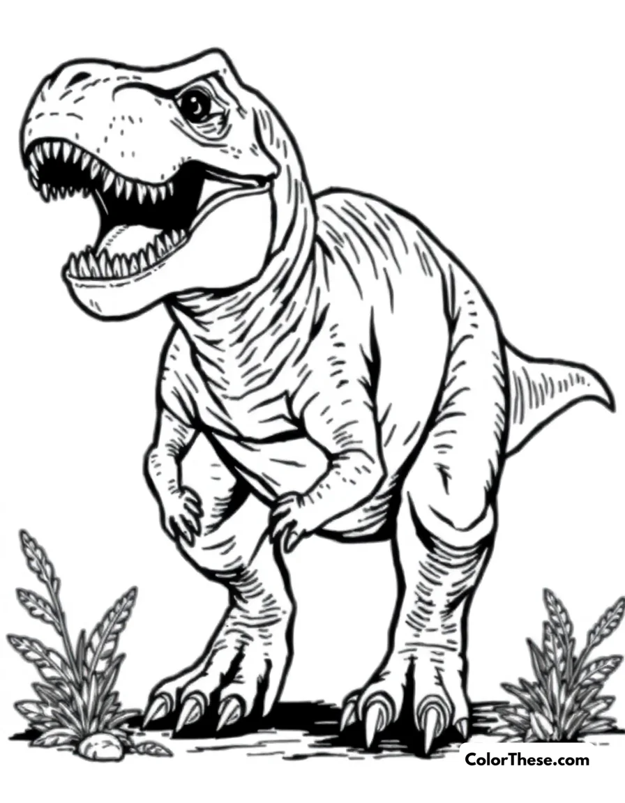 Free printable tyrannosaurus rex coloring page for kids and adults. The mighty T-Rex in a hunting pose with detailed scales.