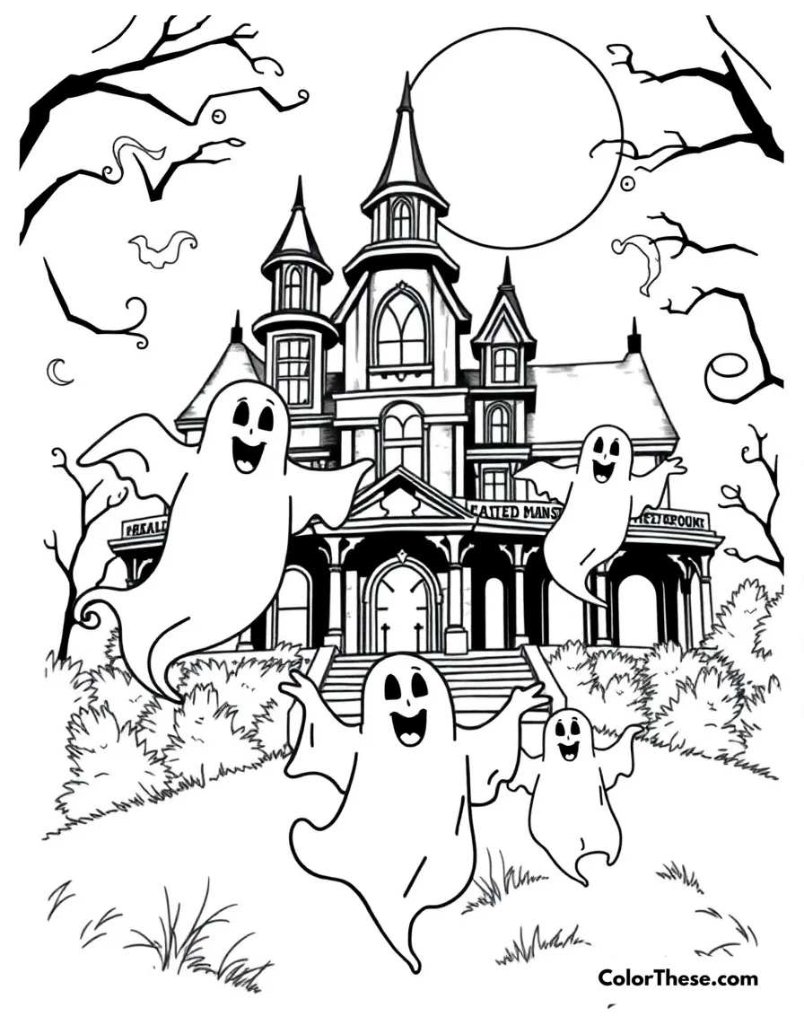 Free printable the haunted mansion ghosts coloring page for kids and adults. The Haunted Mansion ghosts (Disney) floating in the air.