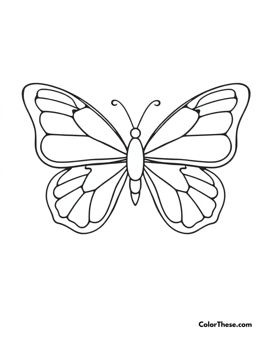 Free printable simple butterfly coloring page for kids and adults. A basic butterfly design with large, easy-to-color sections.