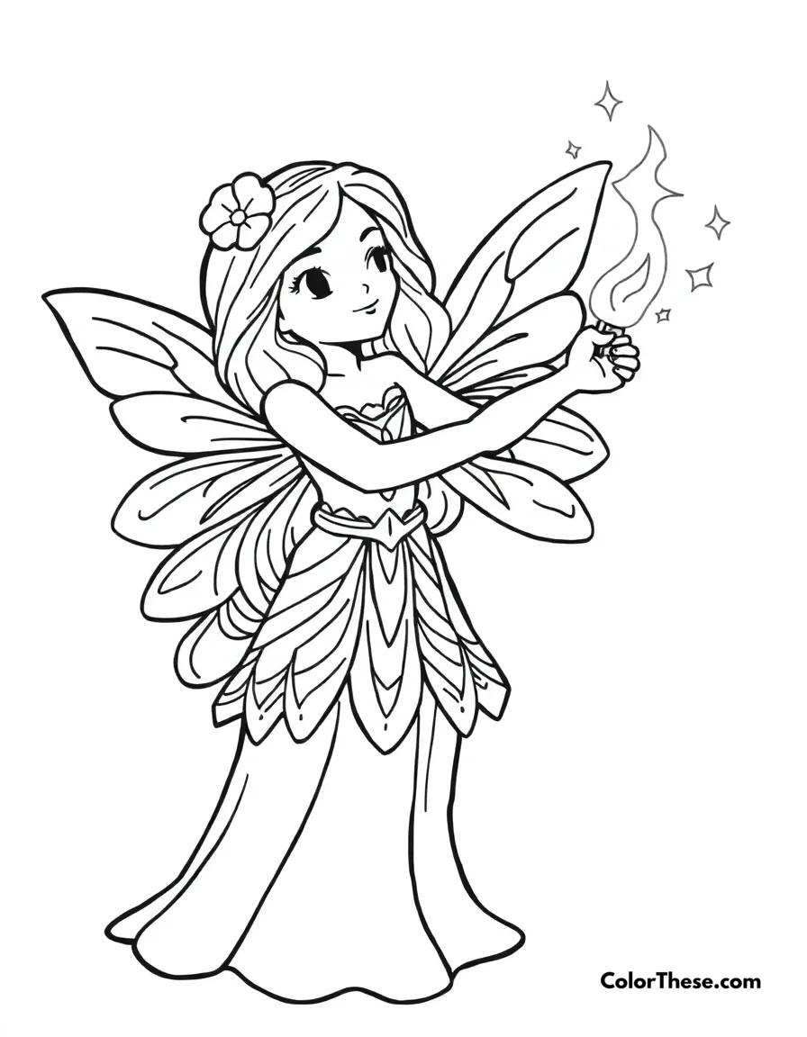 Free printable fairy with a magic wand coloring page for kids and adults. A fairy casting a spell with her magic wand.
