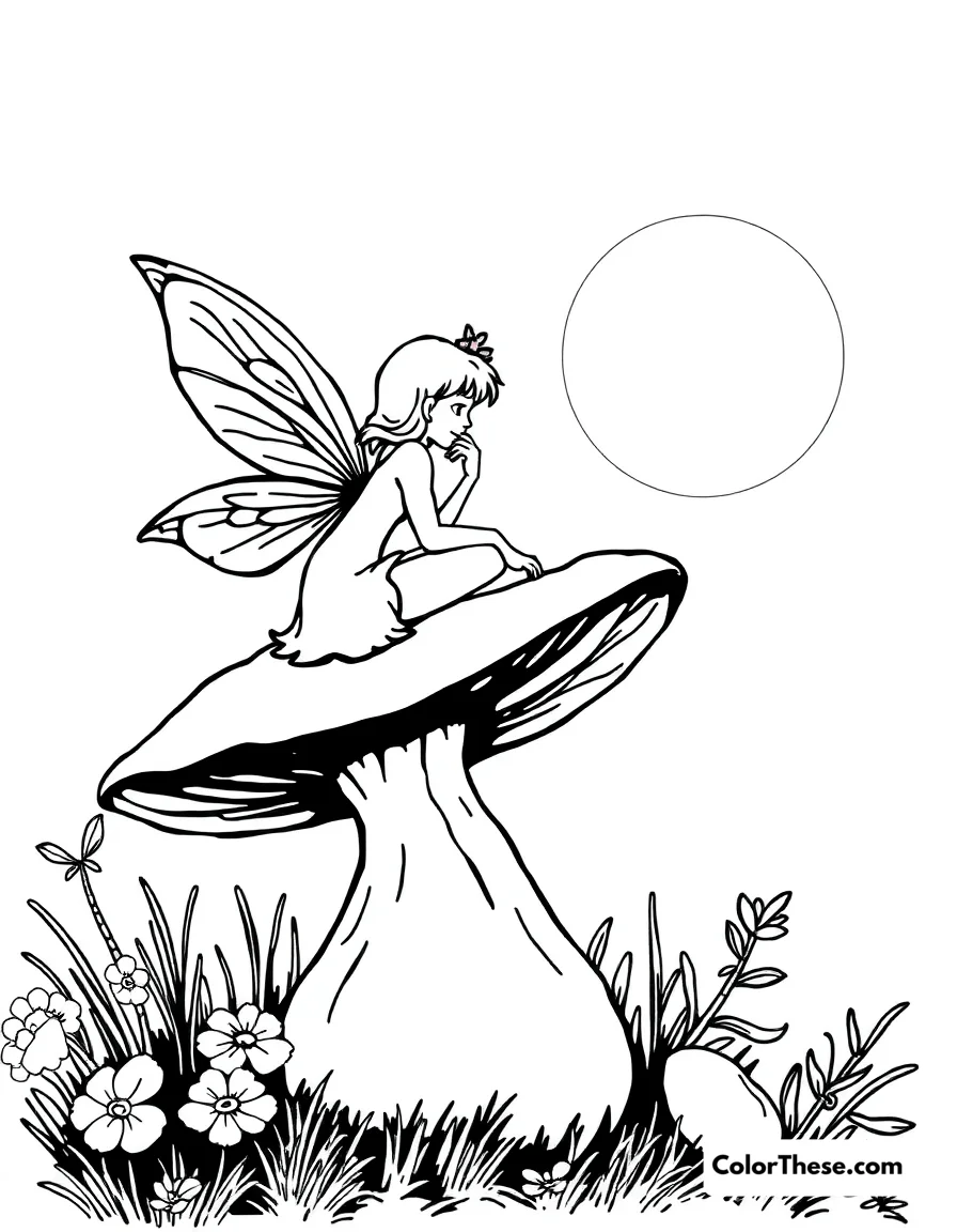 Free printable fairy in the moonlight coloring page for kids and adults. A fairy sitting on a mushroom under the moonlight.