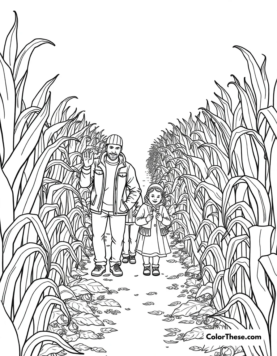Free printable fall corn maze coloring page. A family navigating a corn maze in the fall.