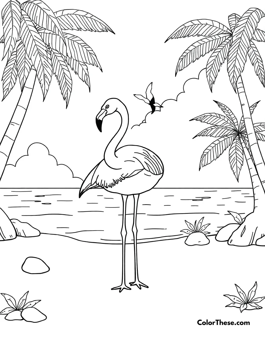 Flamingo with a Tropical Beach coloring page