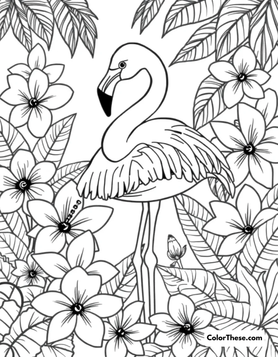 Flamingo with Tropical Flowers coloring page