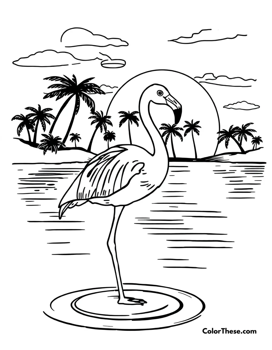 Flamingo in a Tropical Sunset coloring page