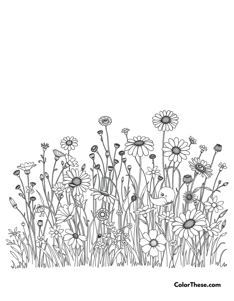 Free printable wildflower meadow coloring page for kids and adults. A meadow filled with colorful wildflowers.