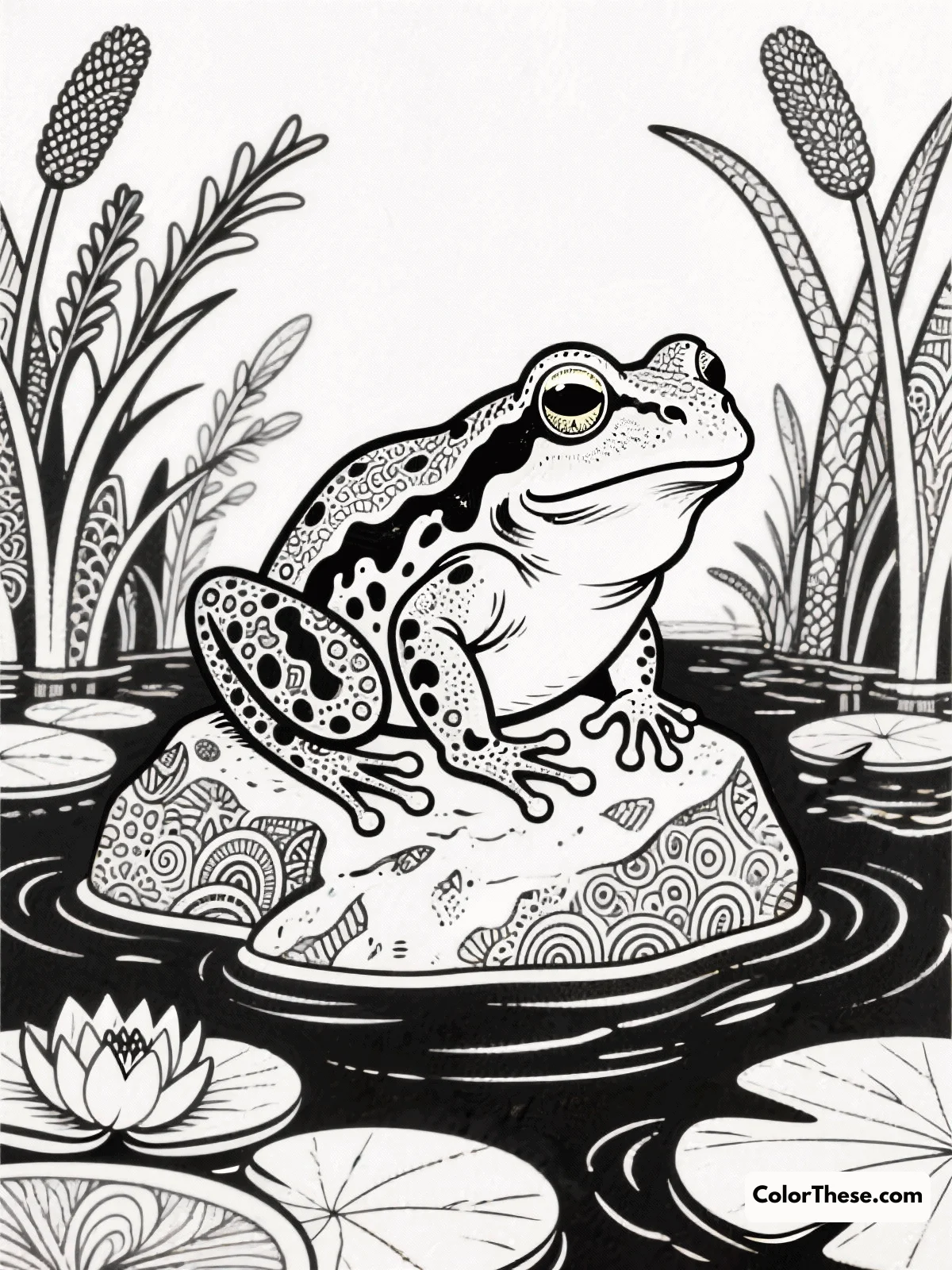 Detailed Bullfrog by the Water coloring page