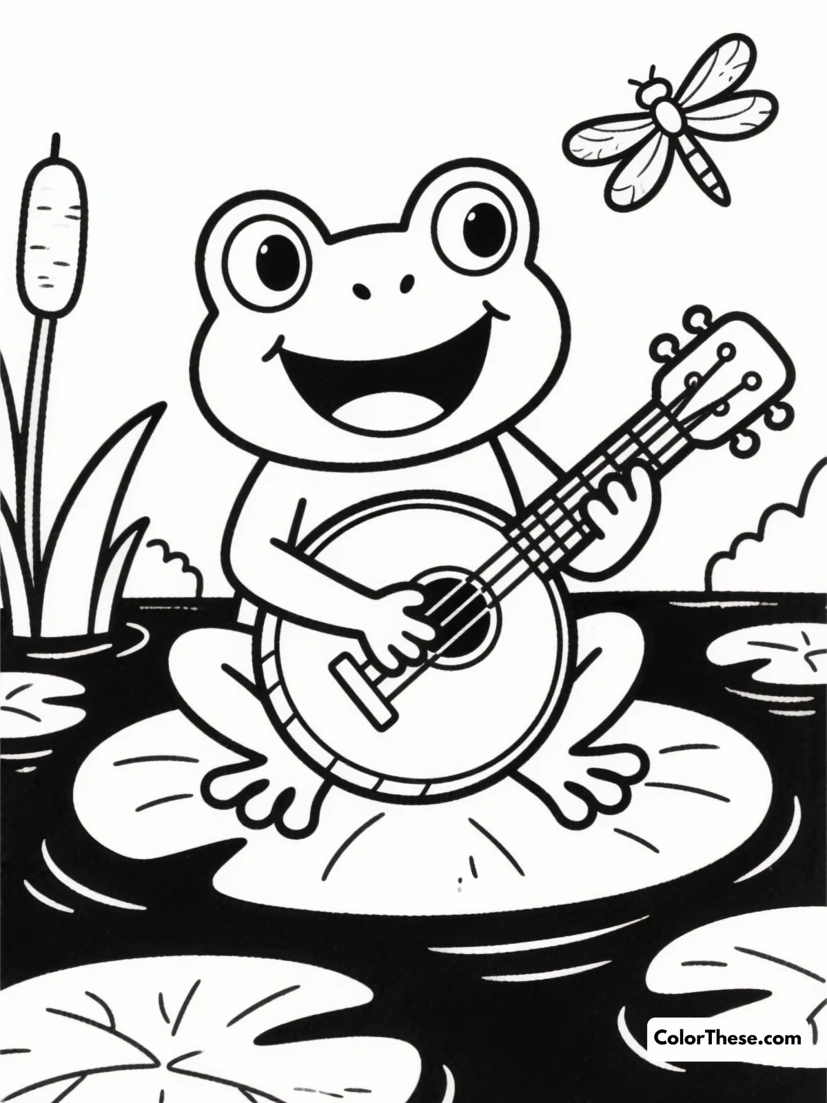 Free printable frog playing a banjo coloring page. Download our free Frog Playing a Banjo coloring page! Perfect for kids, this printable PDF features a cheerful frog making music. Print and color today.