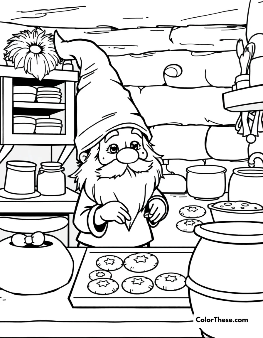 Free printable gnome baking cookies coloring page for kids and adults. A gnome baking cookies in a cozy kitchen.