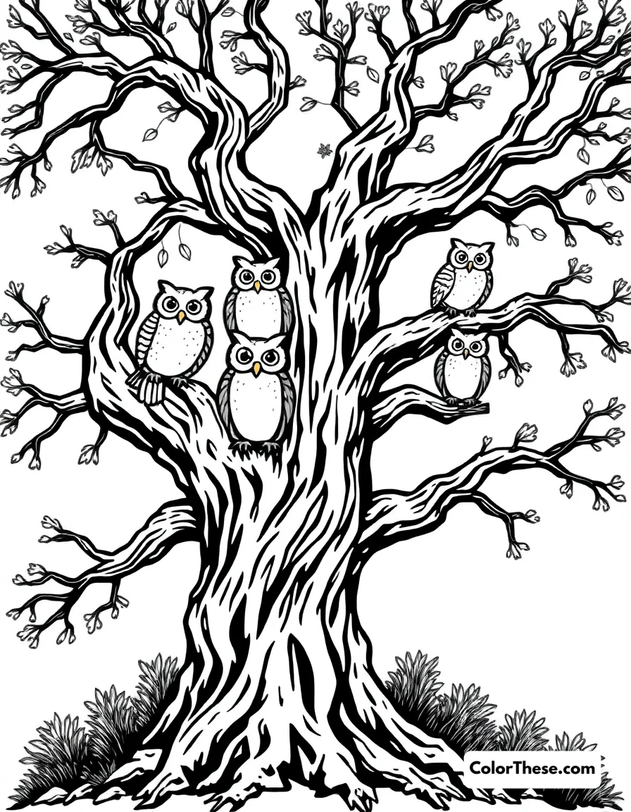 Spooky Tree with Owls coloring page