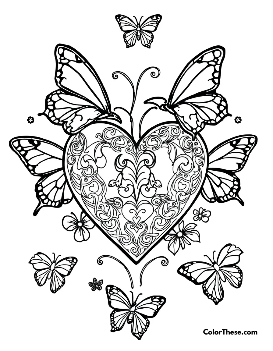 Heart with Butterflies coloring page