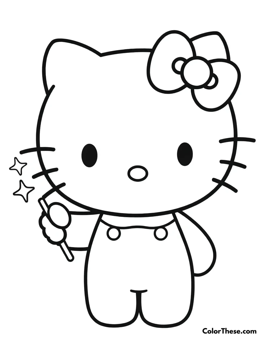 Free printable hello kitty with a magic wand coloring page for kids and adults. Hello Kitty (Sanrio) holding a sparkling magic wand.