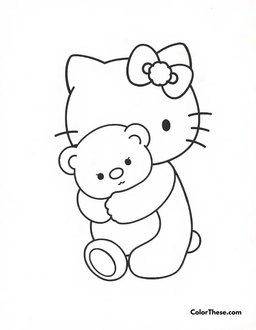 Free printable hello kitty with a teddy bear coloring page. Hello Kitty (Sanrio) hugging a cute teddy bear.