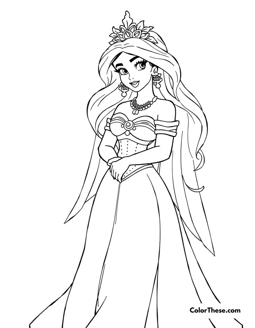 Free printable jasmine (disney) in her wedding dress coloring page. Jasmine (Disney) in her beautiful wedding dress.