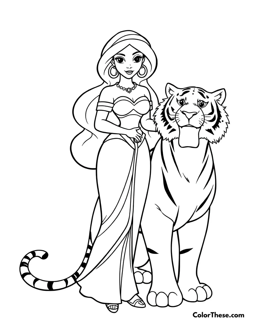 Jasmine (Disney) Standing with Rajah coloring page