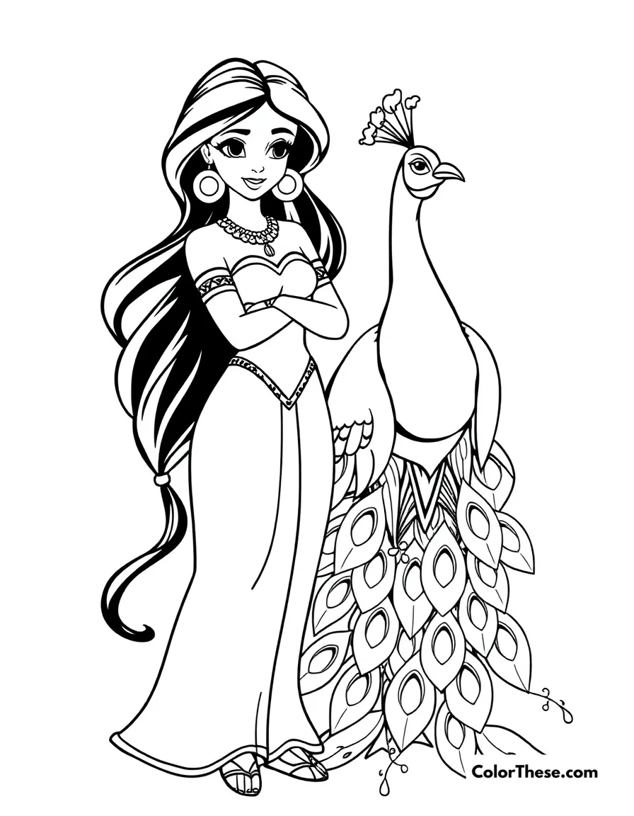 Jasmine (Disney) with a Peacock coloring page