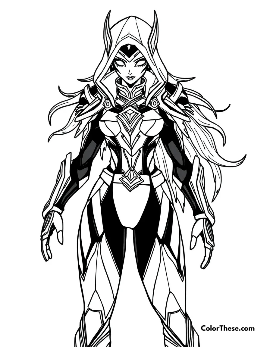 Free printable kai’sa in her void suit coloring page. Kai’sa, Daughter of the Void from League of Legends, in her futuristic suit.
