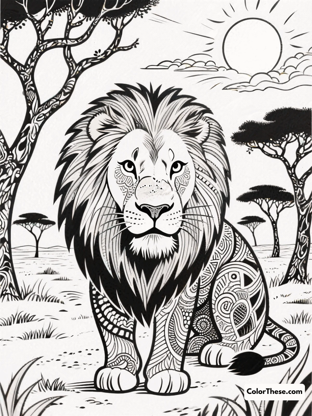 Free printable lion and african sunset coloring page for kids and adults. Download the Lion and African Sunset coloring page—free printable PDF for all ages! Enjoy coloring a majestic lion and a vivid African sunset. Print and relax today.