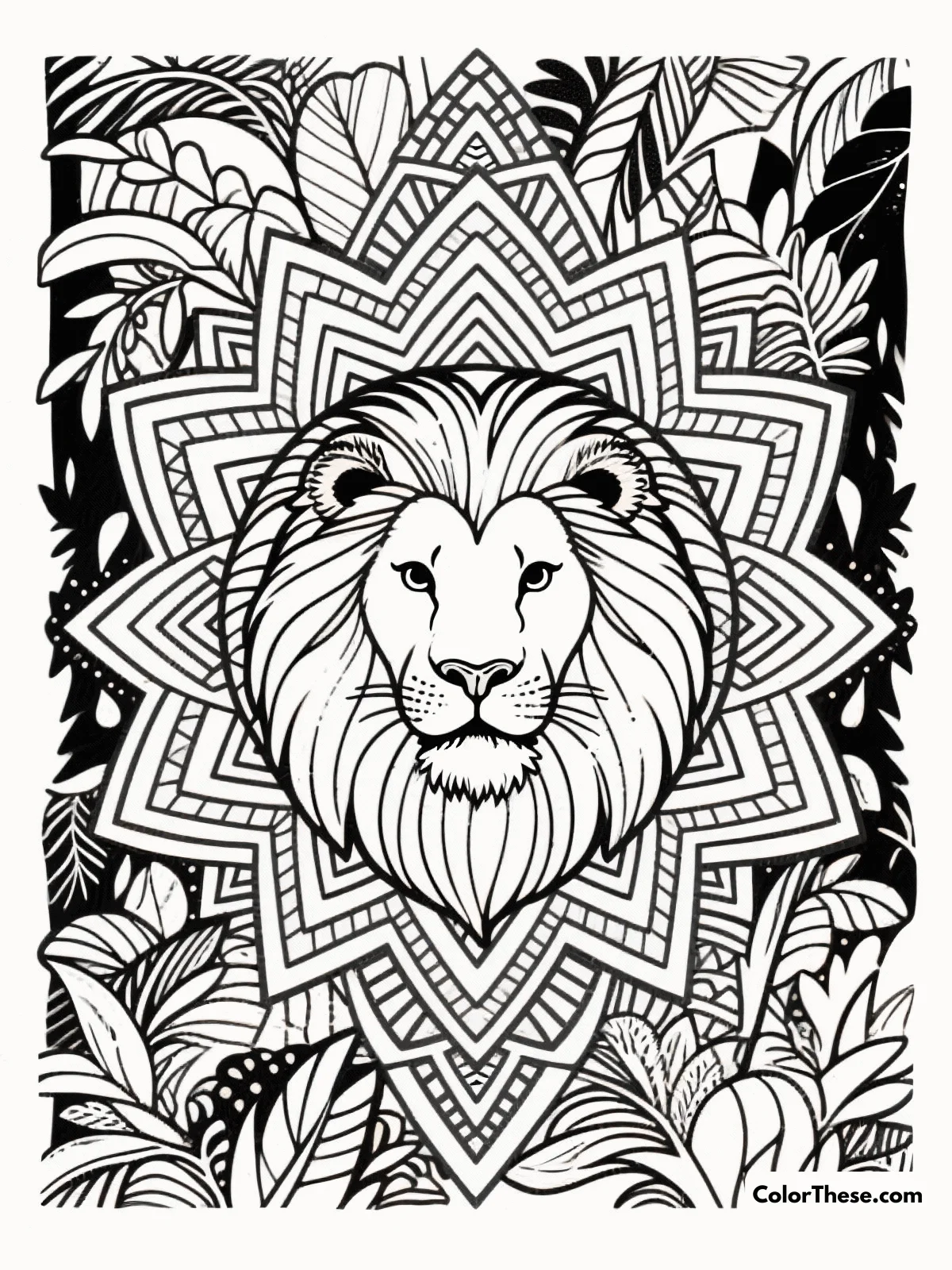 Free printable lion in a geometric jungle coloring page for kids and adults. Download the Lion in a Geometric Jungle coloring page—free printable PDF for all ages! Enjoy a majestic lion and intricate patterns for creative coloring fun.