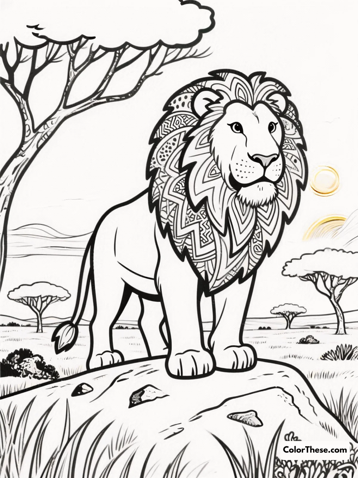 Free printable lion king of the savanna coloring page for kids and adults. Download and print the Lion King of the Savanna coloring page—perfect for all ages! Bring the majestic lion and wild plains to life with your favorite colors.
