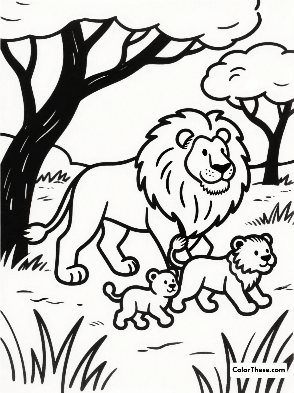 Free printable lion pride on the move coloring page for kids and adults. Bring the wild home with our Lion Pride on the Move coloring page! Download, print, and explore a majestic lion family scene—perfect for all ages to enjoy.