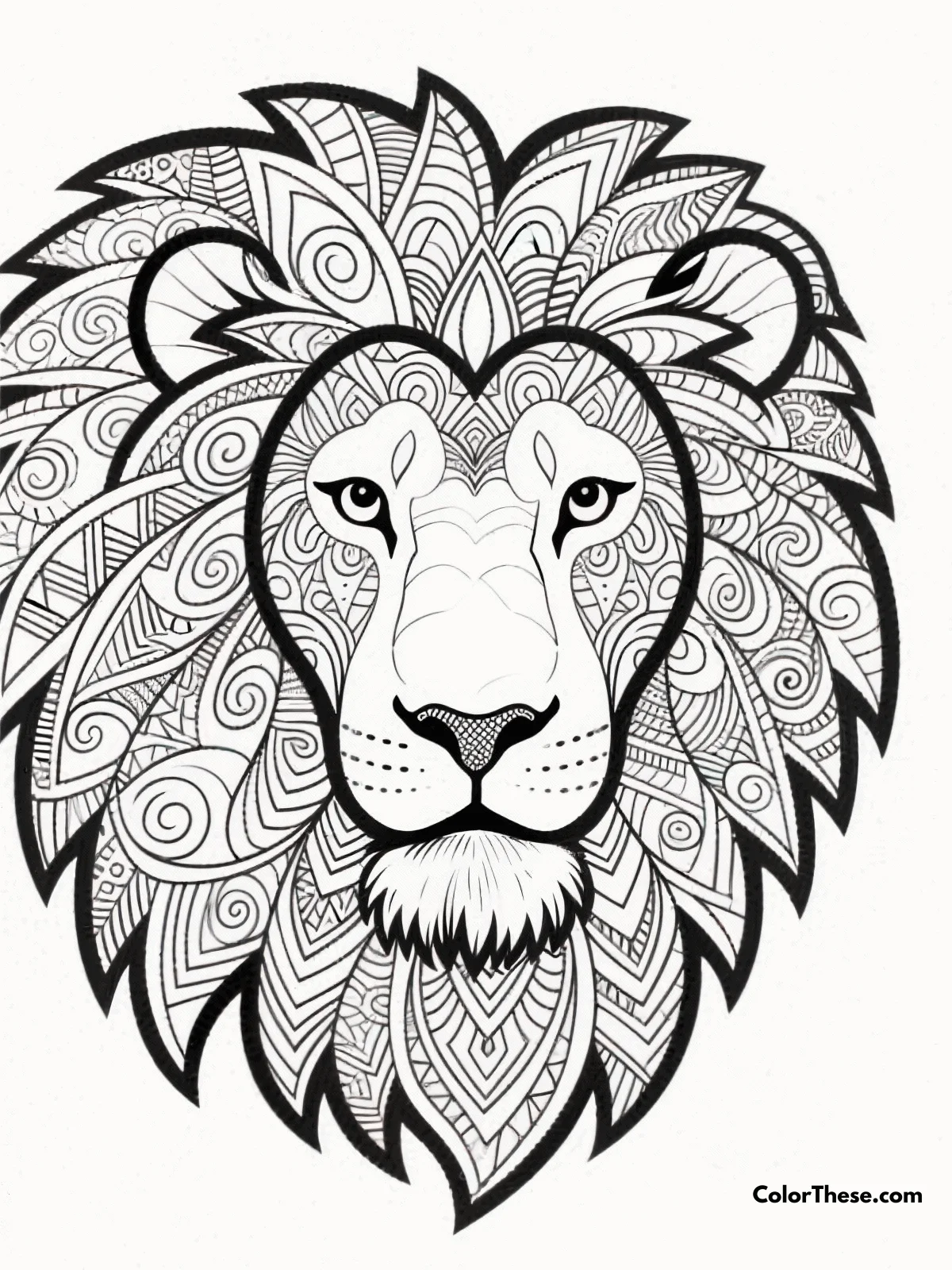 Free printable lion with detailed mane patterns coloring page for kids and adults. Download the Lion with Detailed Mane Patterns coloring page—an intricate, free printable PDF perfect for adult colorists seeking mindful, creative relaxation.